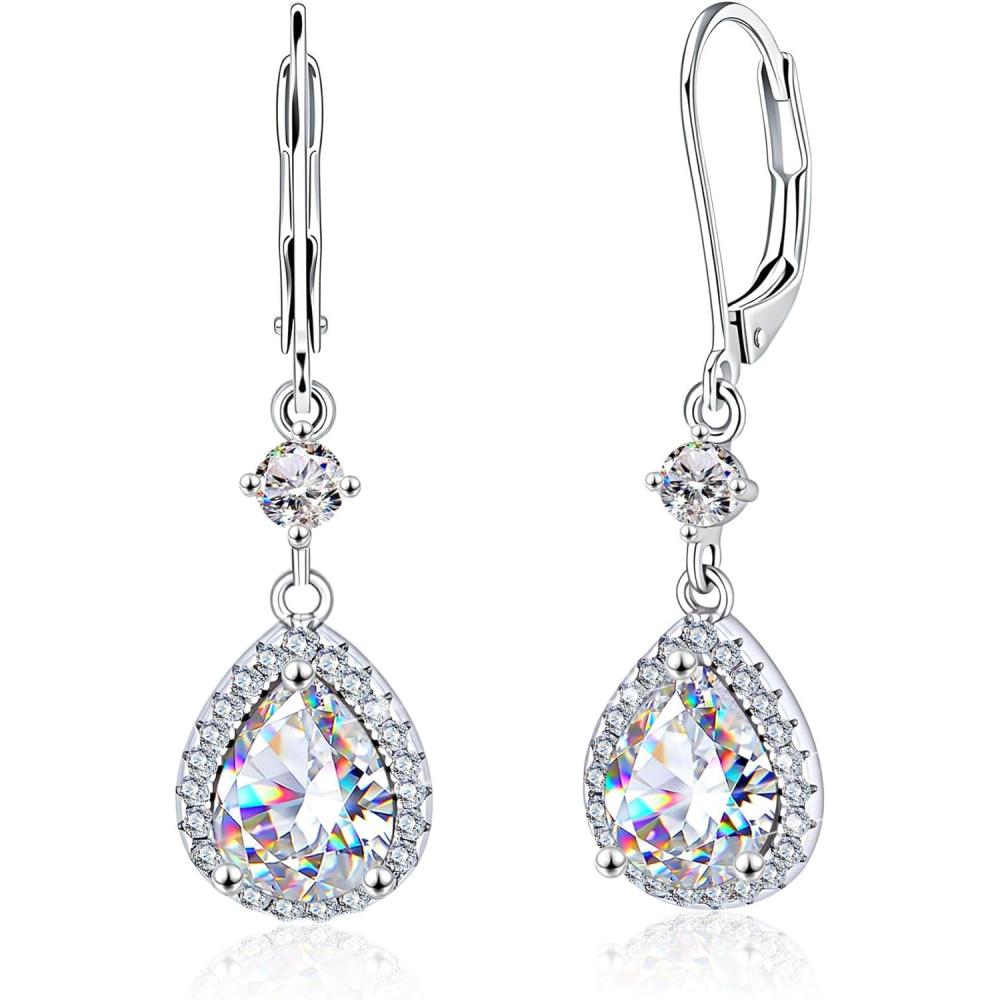 Moissanite Earrings for Women, 925 Sterling Silver Teardrop Dangle Earrings Leverback Hypoallergenic D Color Brilliant Lab Created Moissanite Drop Earring for Women Trendy Jewelry Gifts, 2.7ct(Silver 2.7ct((1.25+0.1ct)*2))