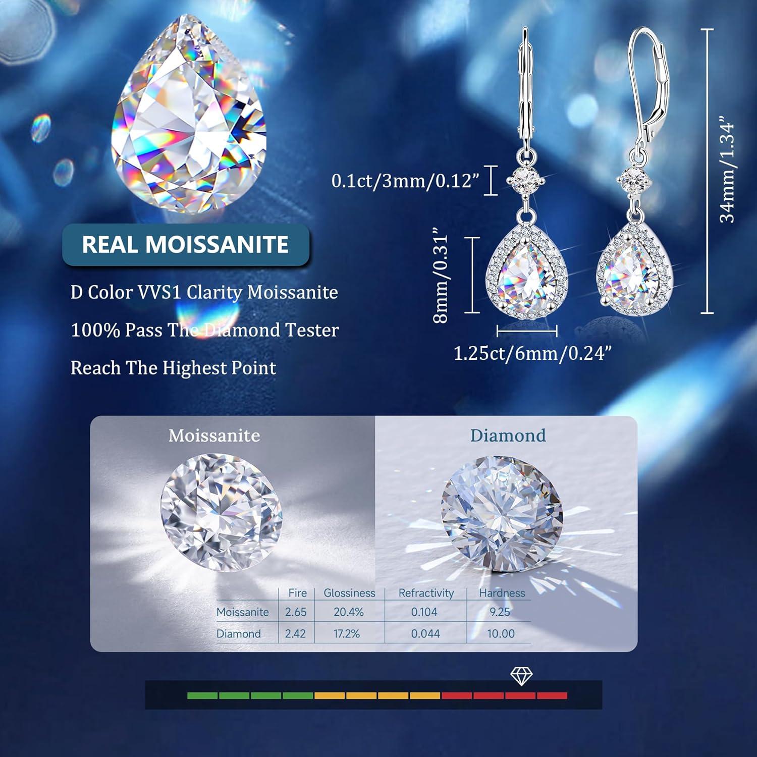 Moissanite Earrings for Women, 925 Sterling Silver Teardrop Dangle Earrings Leverback Hypoallergenic D Color Brilliant Lab Created Moissanite Drop Earring for Women Trendy Jewelry Gifts, 2.7ct(Silver 2.7ct((1.25+0.1ct)*2))