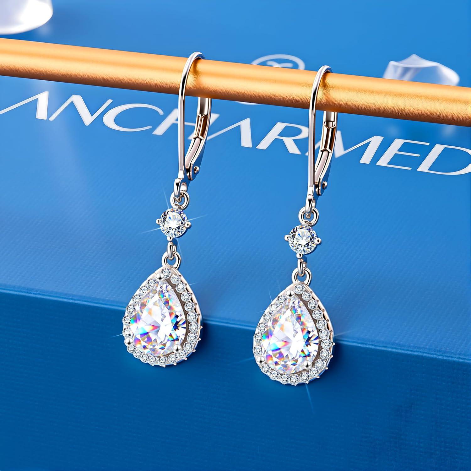 Moissanite Earrings for Women, 925 Sterling Silver Teardrop Dangle Earrings Leverback Hypoallergenic D Color Brilliant Lab Created Moissanite Drop Earring for Women Trendy Jewelry Gifts, 2.7ct(Silver 2.7ct((1.25+0.1ct)*2))