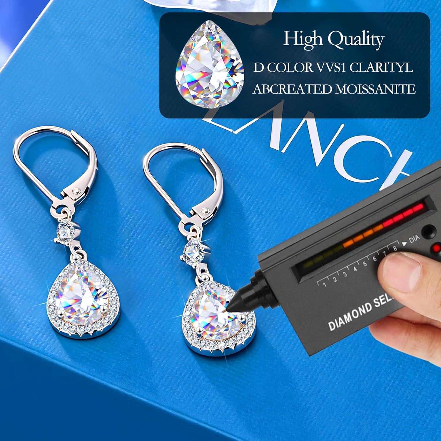 Moissanite Earrings for Women, 925 Sterling Silver Teardrop Dangle Earrings Leverback Hypoallergenic D Color Brilliant Lab Created Moissanite Drop Earring for Women Trendy Jewelry Gifts, 2.7ct(Silver 2.7ct((1.25+0.1ct)*2))