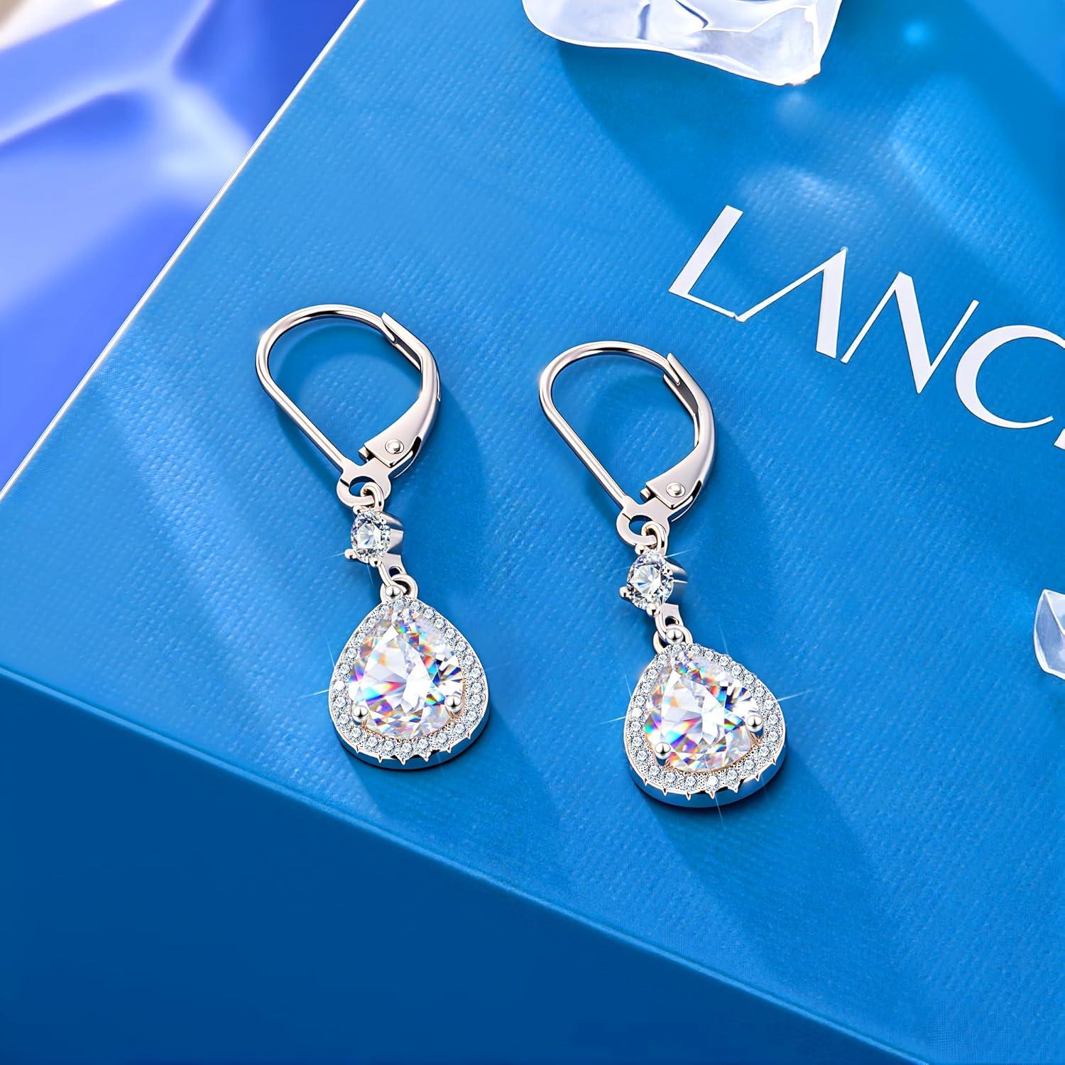 Moissanite Earrings for Women, 925 Sterling Silver Teardrop Dangle Earrings Leverback Hypoallergenic D Color Brilliant Lab Created Moissanite Drop Earring for Women Trendy Jewelry Gifts, 2.7ct(Silver 2.7ct((1.25+0.1ct)*2))
