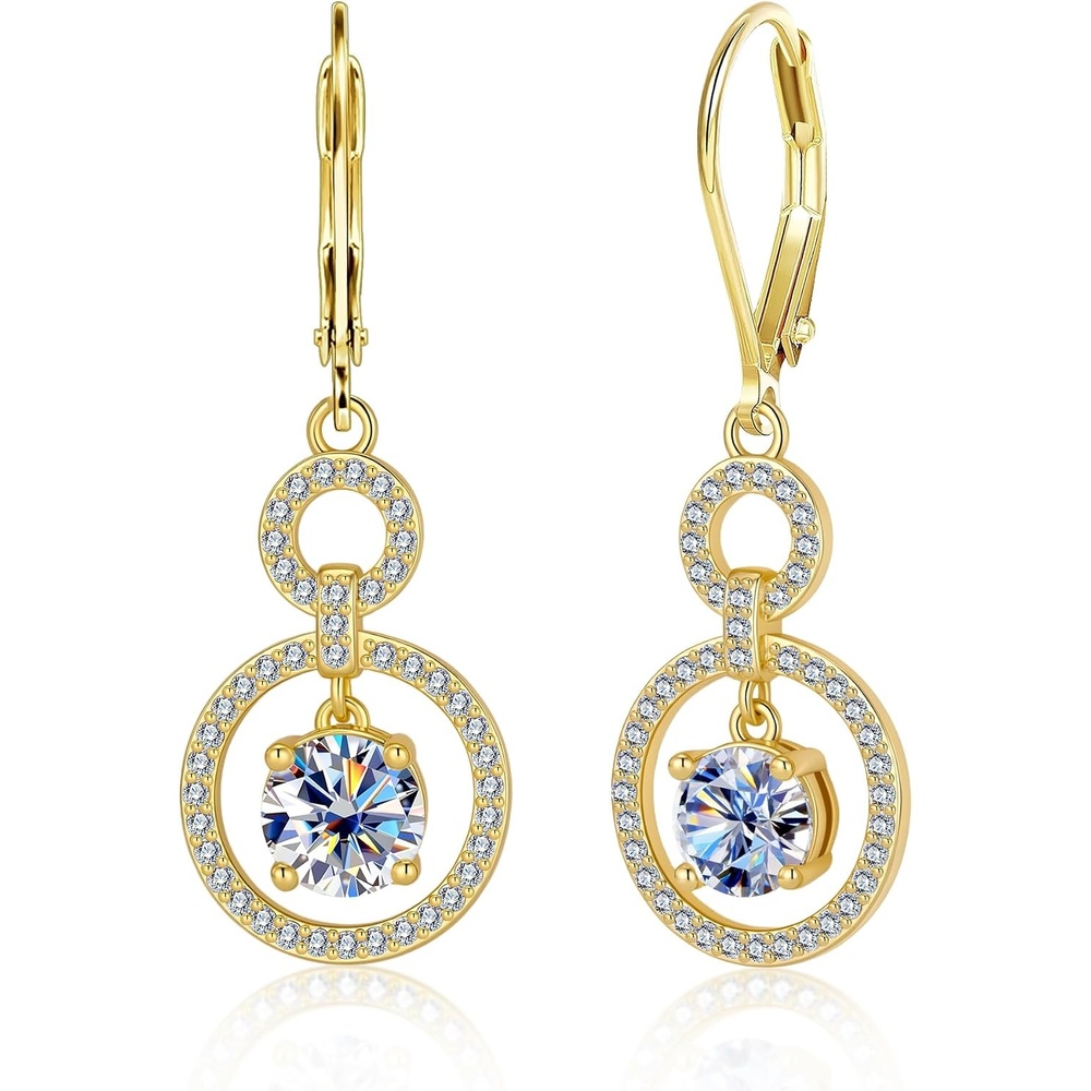 Moissanite Dangle Earrings for Women Diamond Disc Drop Jewelry in Gifts Box | Hypoallergenic 2ct D Color Cut Lab Created Moissanite 14K Gold & Silver Circle Leverback Earring for Daily Wear, Anniversary(Gold_2.0CT(1.5ct*2))