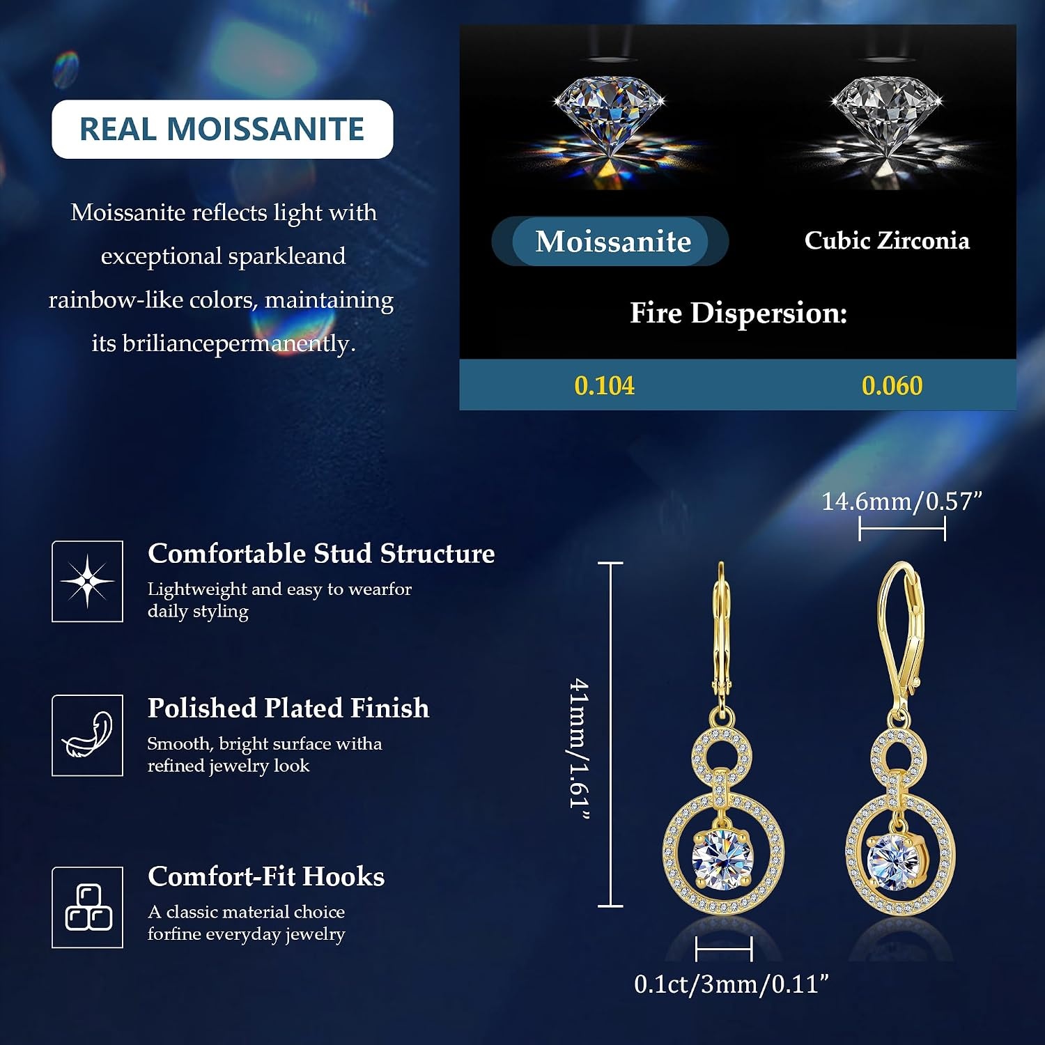 Moissanite Dangle Earrings for Women Diamond Disc Drop Jewelry in Gifts Box | Hypoallergenic 2ct D Color Cut Lab Created Moissanite 14K Gold & Silver Circle Leverback Earring for Daily Wear, Anniversary(Gold_2.0CT(1.5ct*2))