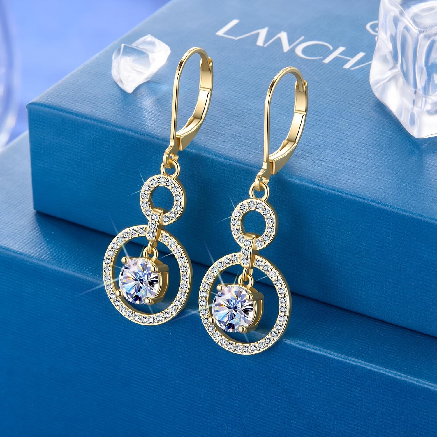 Moissanite Dangle Earrings for Women Diamond Disc Drop Jewelry in Gifts Box | Hypoallergenic 2ct D Color Cut Lab Created Moissanite 14K Gold & Silver Circle Leverback Earring for Daily Wear, Anniversary(Gold_2.0CT(1.5ct*2))