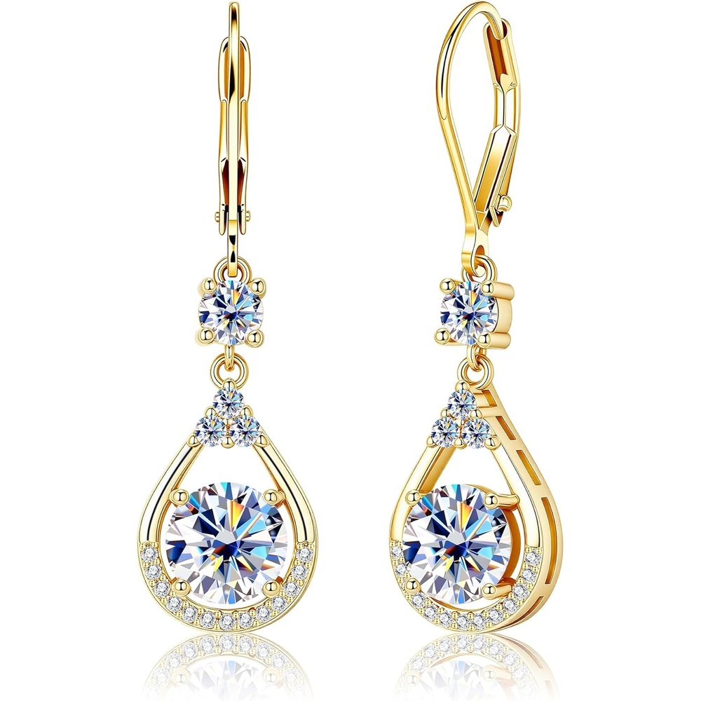 Moissanite Earrings for Women,Silver Moissanite Diamond Dangle Earrings 3ct D Color Cut Lab Created Hypoallergenic Trendy Gold Leverback Dangle Drop Earring for Women Jewelry Gifts in Box(B-Gold_3.0CT(1.5ct*2))