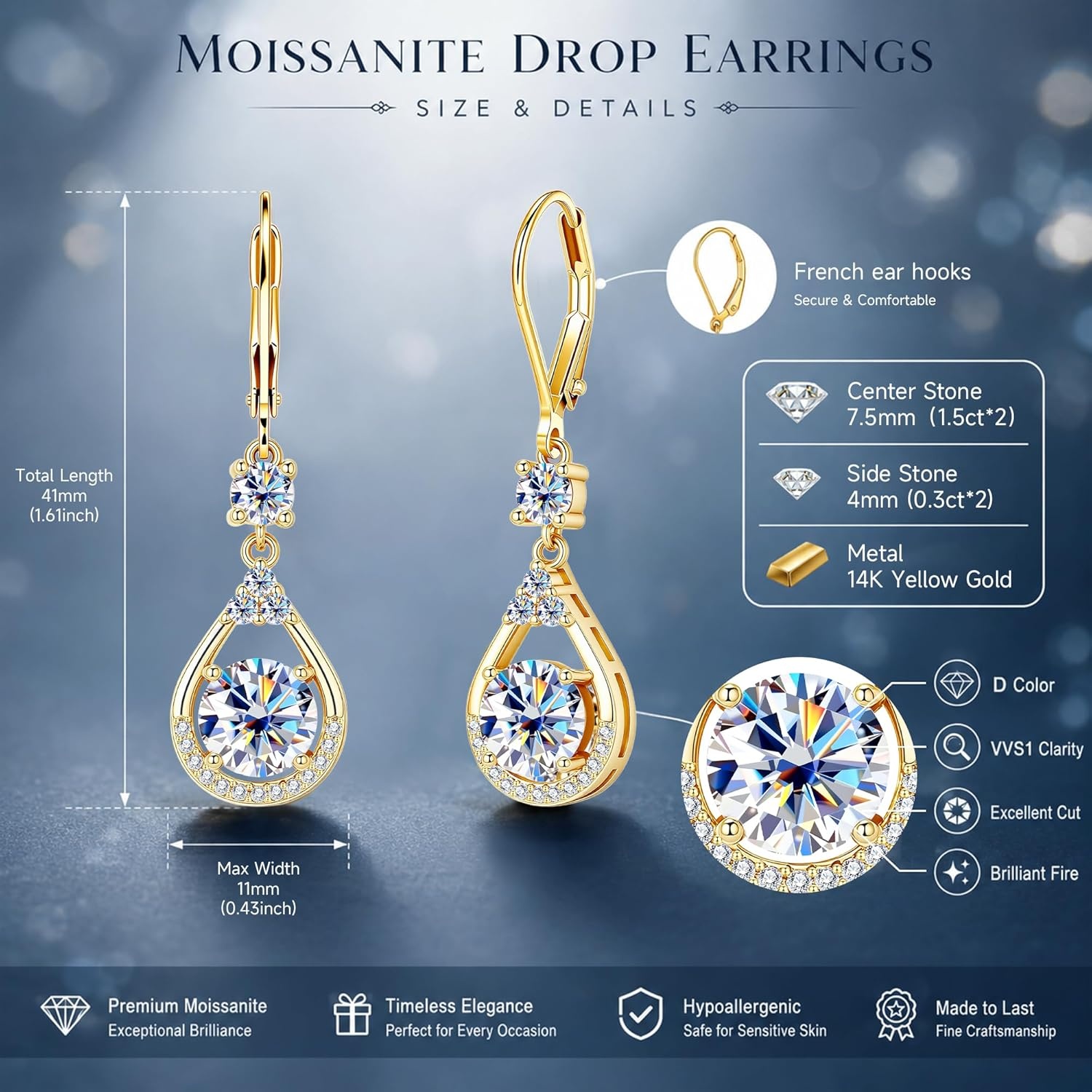 Moissanite Earrings for Women,Silver Moissanite Diamond Dangle Earrings 3ct D Color Cut Lab Created Hypoallergenic Trendy Gold Leverback Dangle Drop Earring for Women Jewelry Gifts in Box(B-Gold_3.0CT(1.5ct*2))