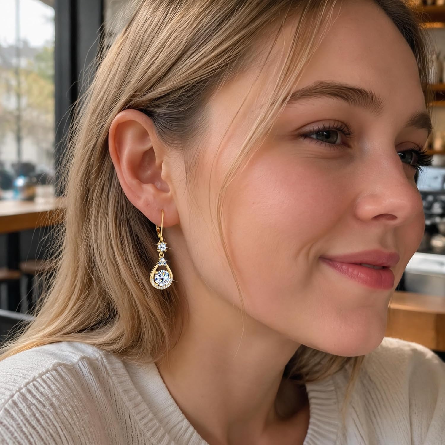 Moissanite Earrings for Women,Silver Moissanite Diamond Dangle Earrings 3ct D Color Cut Lab Created Hypoallergenic Trendy Gold Leverback Dangle Drop Earring for Women Jewelry Gifts in Box(B-Gold_3.0CT(1.5ct*2))