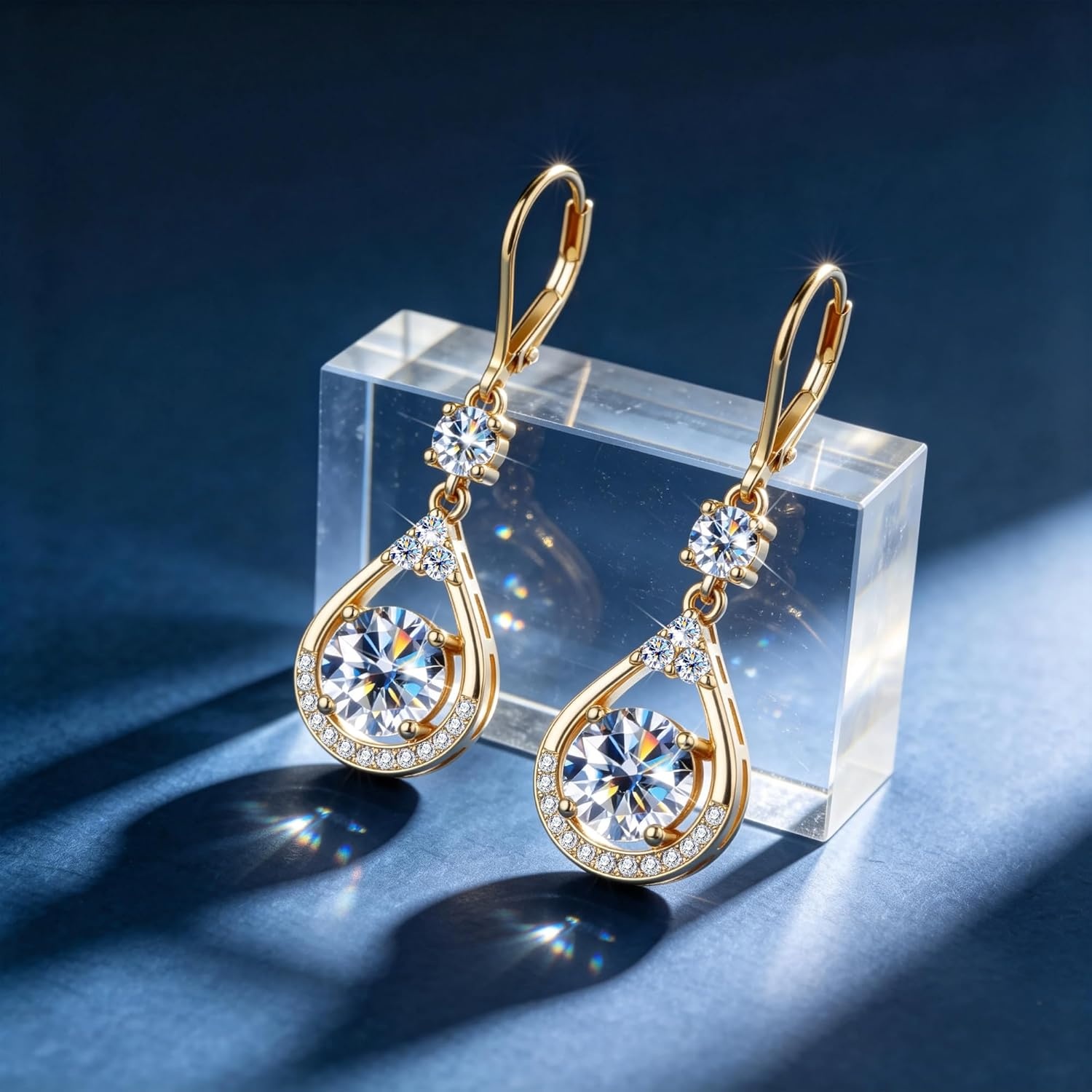 Moissanite Earrings for Women,Silver Moissanite Diamond Dangle Earrings 3ct D Color Cut Lab Created Hypoallergenic Trendy Gold Leverback Dangle Drop Earring for Women Jewelry Gifts in Box(B-Gold_3.0CT(1.5ct*2))
