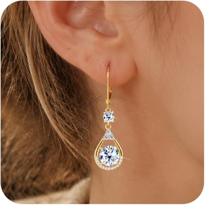 Moissanite Earrings for Women,Silver Moissanite Diamond Dangle Earrings 3ct D Color Cut Lab Created Hypoallergenic Trendy Gold Leverback Dangle Drop Earring for Women Jewelry Gifts in Box(B-Gold_3.0CT(1.5ct*2))