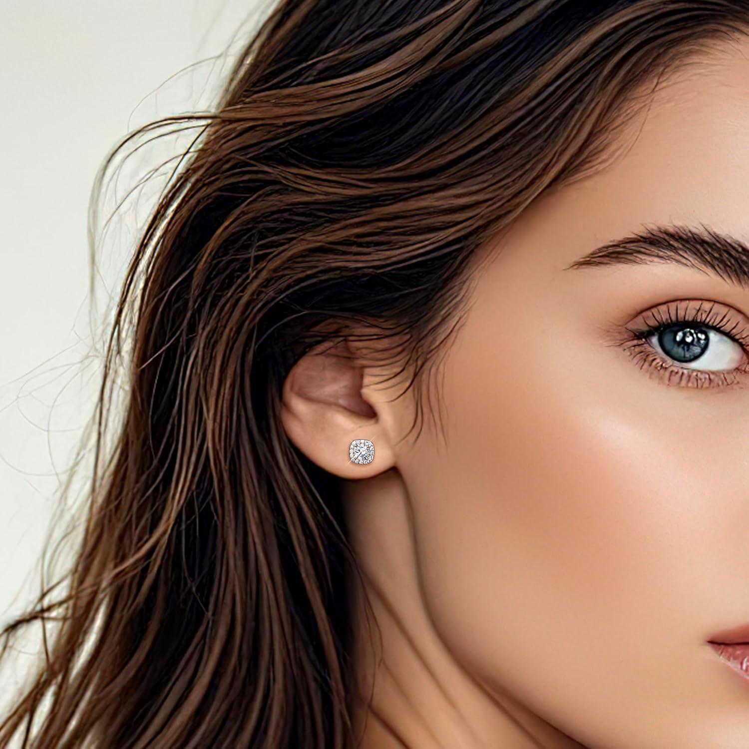 LANCHARMED Moissanite Earrings Stud for Women, 925 Sterling Silver 0.5-2 Carat Lab Created Diamond Earring 5mm- 6.5mm Real Moissanite Studs Square Earring for Men Jewelry Gifts for Women(0.5 carat * 2)