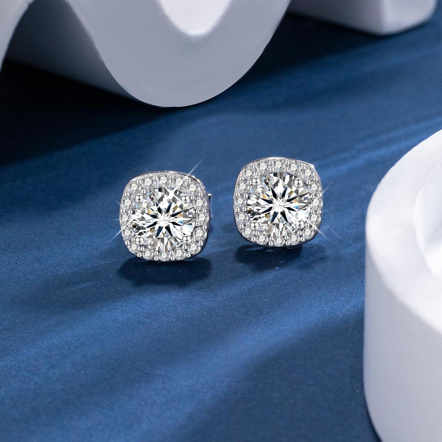 LANCHARMED Moissanite Earrings Stud for Women, 925 Sterling Silver 0.5-2 Carat Lab Created Diamond Earring 5mm- 6.5mm Real Moissanite Studs Square Earring for Men Jewelry Gifts for Women(0.5 carat * 2)