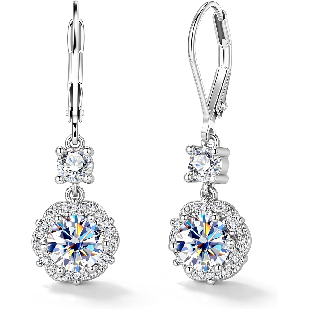 2ct Monissanite Dangle Earrings for Women Moissanite Drop Earrings(Silver-1ct x 2)