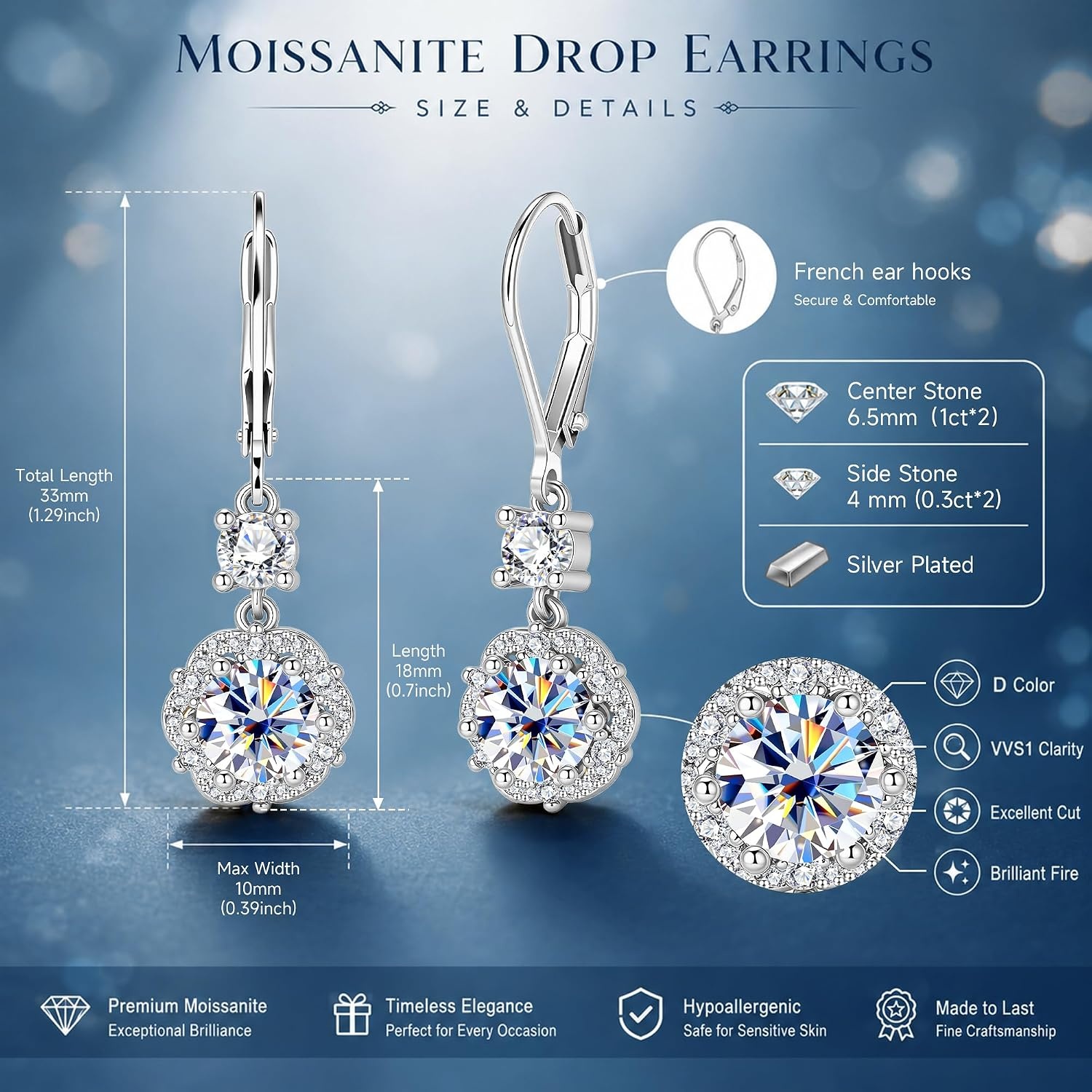 2ct Monissanite Dangle Earrings for Women Moissanite Drop Earrings(Silver-1ct x 2)