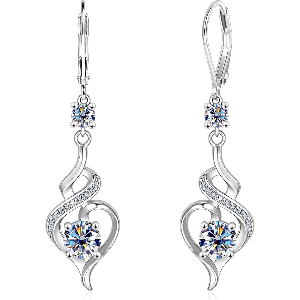 2.6CT Moissanite Dangle Earrings for Women, 14K Gold Plated French Hook Twisted Heart Drop Earrings with GRA Certificate, Silver Long Dangle Leverback Earring Jewelry Gifts in Box(Silver)