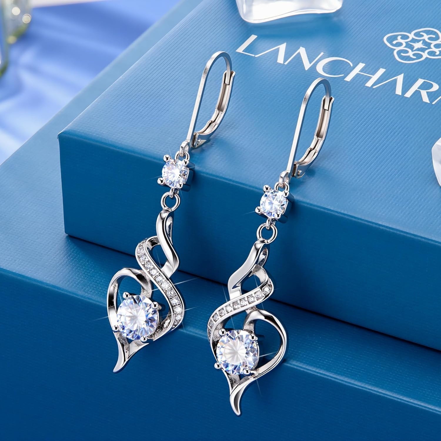 2.6CT Moissanite Dangle Earrings for Women, 14K Gold Plated French Hook Twisted Heart Drop Earrings with GRA Certificate, Silver Long Dangle Leverback Earring Jewelry Gifts in Box(Silver)