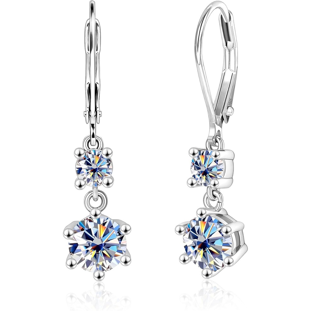 Moissanite Earrings for Women, 2.6ct 14K Gold Dangle Earrings, 925 Sterling Silver Leverback Hypoallergenic D Color Round Cut Lab Created Moissanite Dangly Drop Earring for Women Trendy Jewelry Gifts(Silver 2.6ct((1+0.3ct)*2))