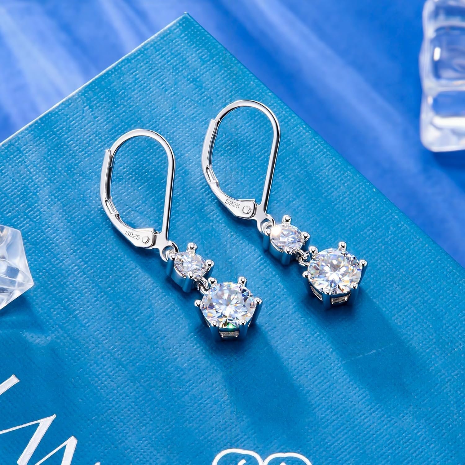 Moissanite Earrings for Women, 2.6ct 14K Gold Dangle Earrings, 925 Sterling Silver Leverback Hypoallergenic D Color Round Cut Lab Created Moissanite Dangly Drop Earring for Women Trendy Jewelry Gifts(Silver 2.6ct((1+0.3ct)*2))