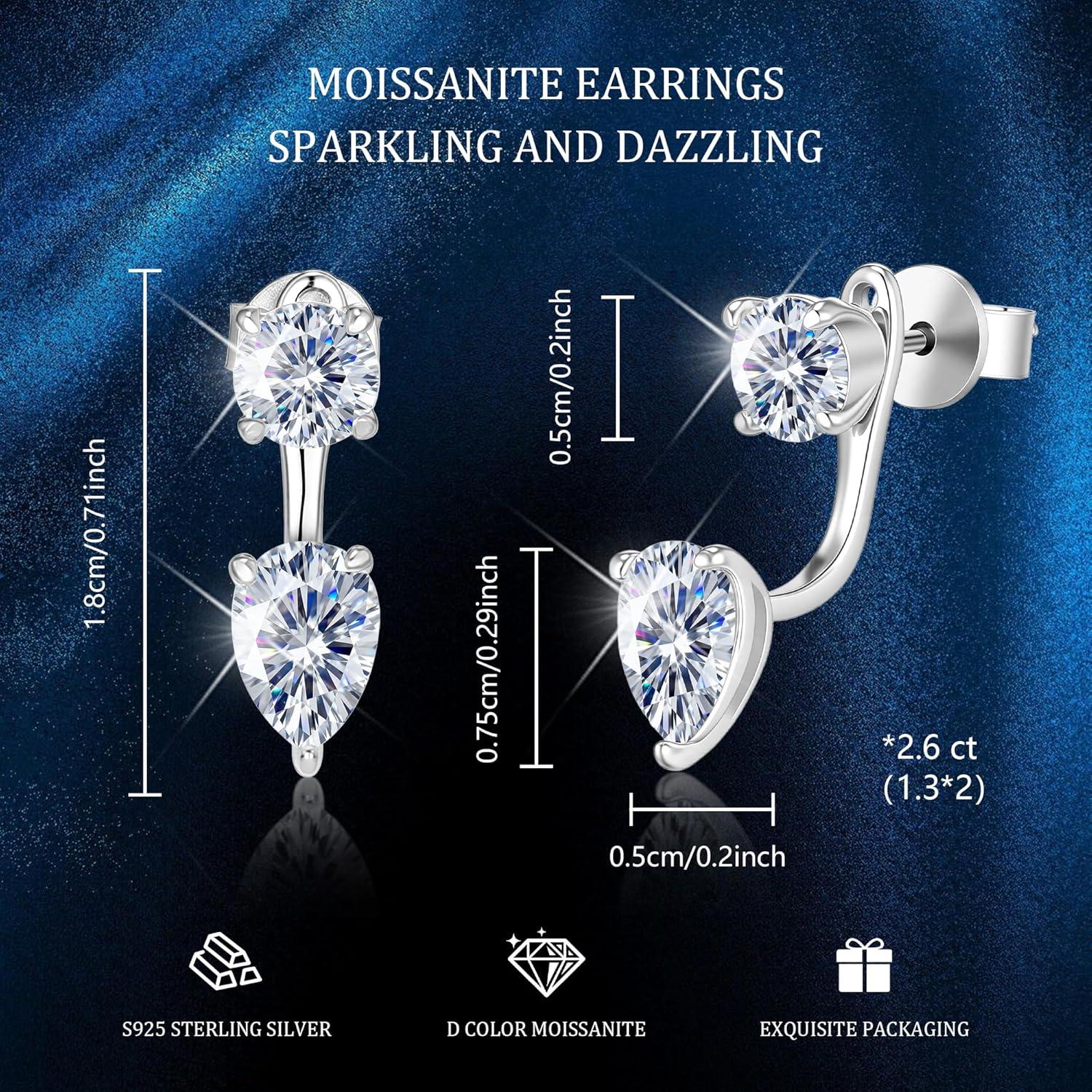 Moissanite Earrings Jacket for Women 2.6 Carat 925 Sterling Silver Teardrop Diamond Stud Earrings Moissanite Earring Jackets for Studs Jewelry Gifts Lab Created Diamonds D Color VVS1(Silver)