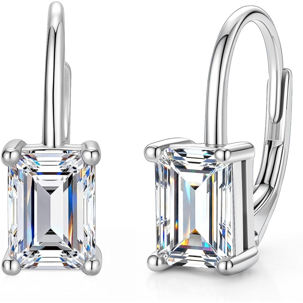 Moissanite Drop Earrings Emerald Cut Dangle Leverback Earring for Women 2ct(Silver 2.0ct (1.0ct*2)-7mm*5mm)