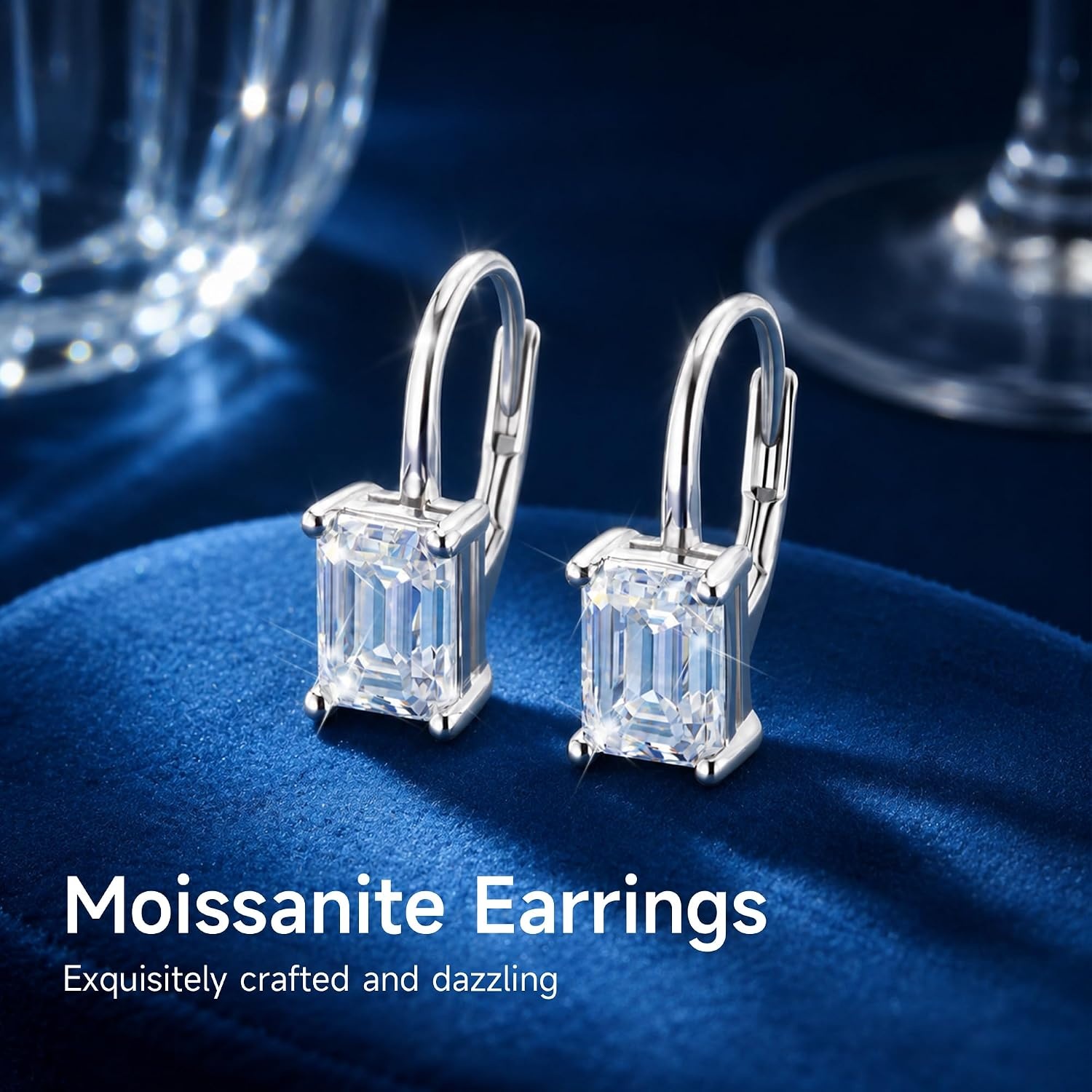 Moissanite Drop Earrings Emerald Cut Dangle Leverback Earring for Women 2ct(Silver 2.0ct (1.0ct*2)-7mm*5mm)