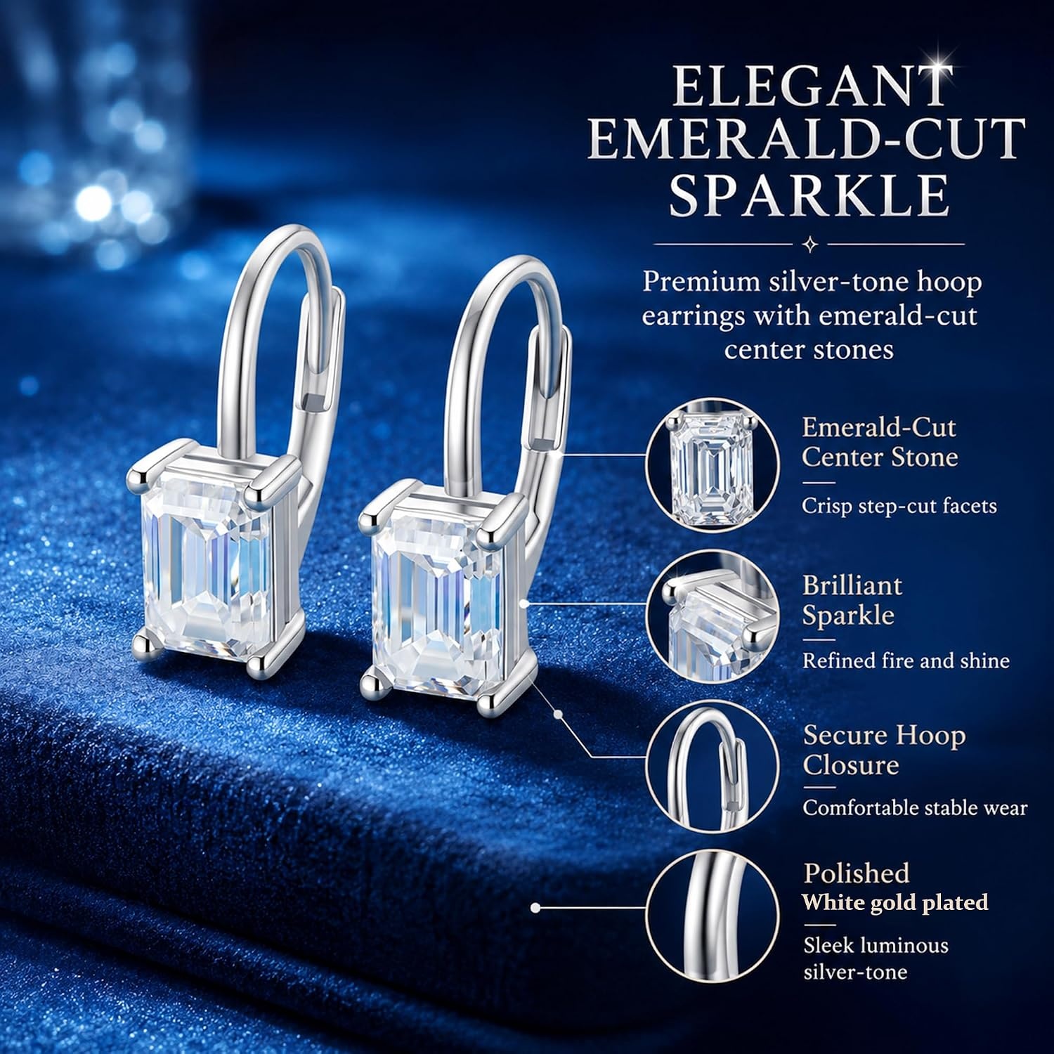Moissanite Drop Earrings Emerald Cut Dangle Leverback Earring for Women 2ct(Silver 2.0ct (1.0ct*2)-7mm*5mm)