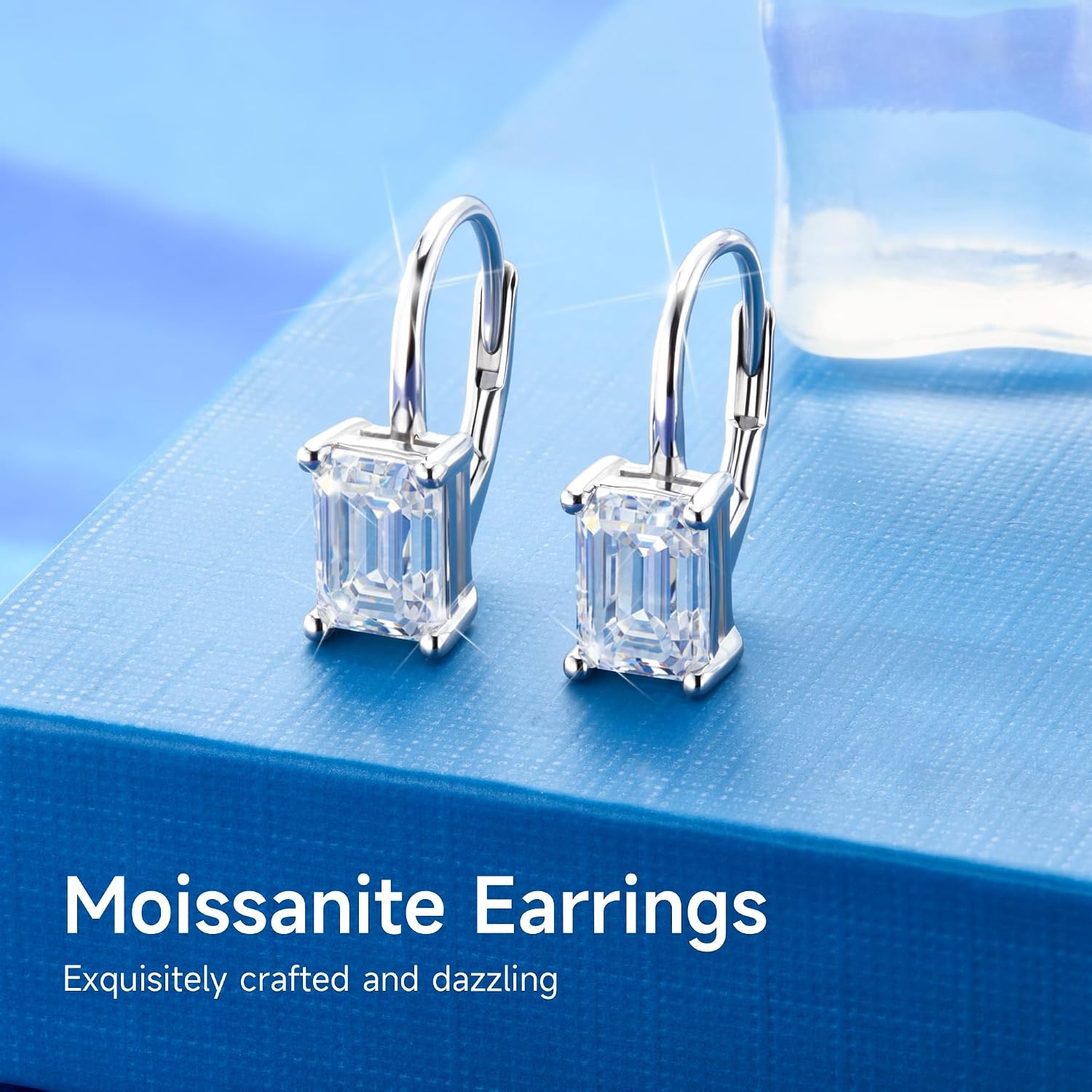 Moissanite Drop Earrings Emerald Cut Dangle Leverback Earring for Women 2ct(Silver 2.0ct (1.0ct*2)-7mm*5mm)
