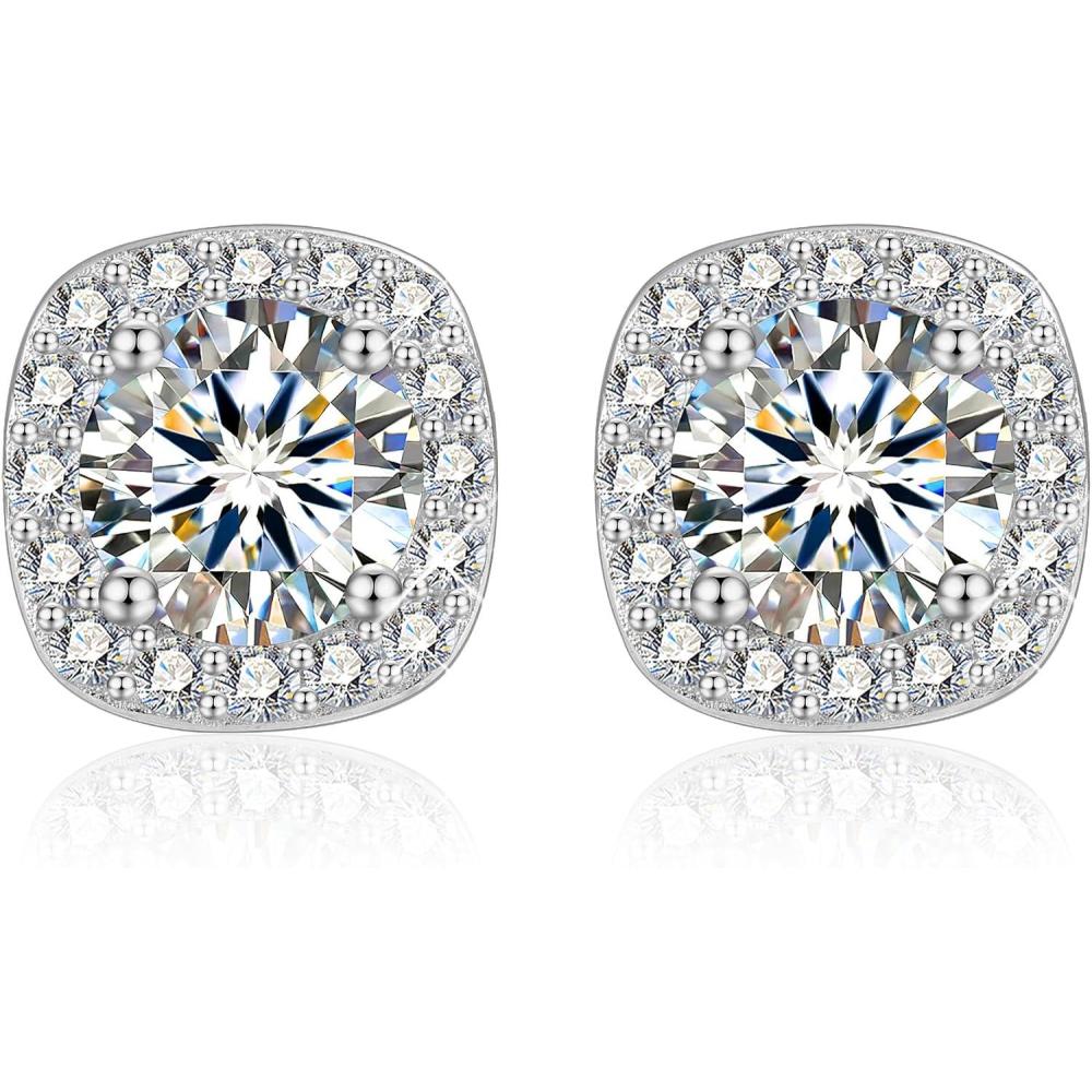 LANCHARMED Moissanite Earrings Stud for Women, 925 Sterling Silver 0.5-2 Carat Lab Created Diamond Earring 5mm- 6.5mm Real Moissanite Studs Square Earring for Men Jewelry Gifts for Women(1 carat * 2)