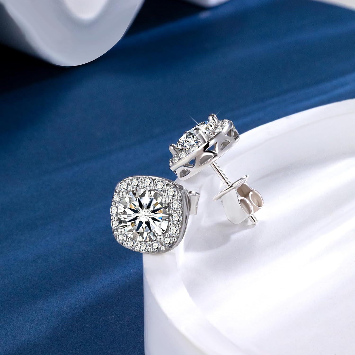 LANCHARMED Moissanite Earrings Stud for Women, 925 Sterling Silver 0.5-2 Carat Lab Created Diamond Earring 5mm- 6.5mm Real Moissanite Studs Square Earring for Men Jewelry Gifts for Women(1 carat * 2)