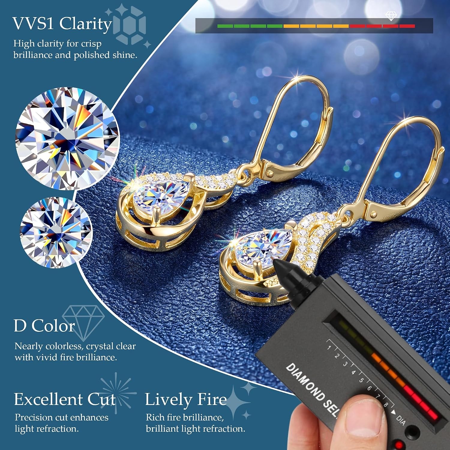 Gold Teardrop 2ct Moissanite Diamond Dangle Earrings for Women Jewelry | vvs moissanite leverback hypoallergenic D color pear cut lab grown created diamond dangly dangling trendy jewelry gifts(Gold 2.0ct(1ct*2))