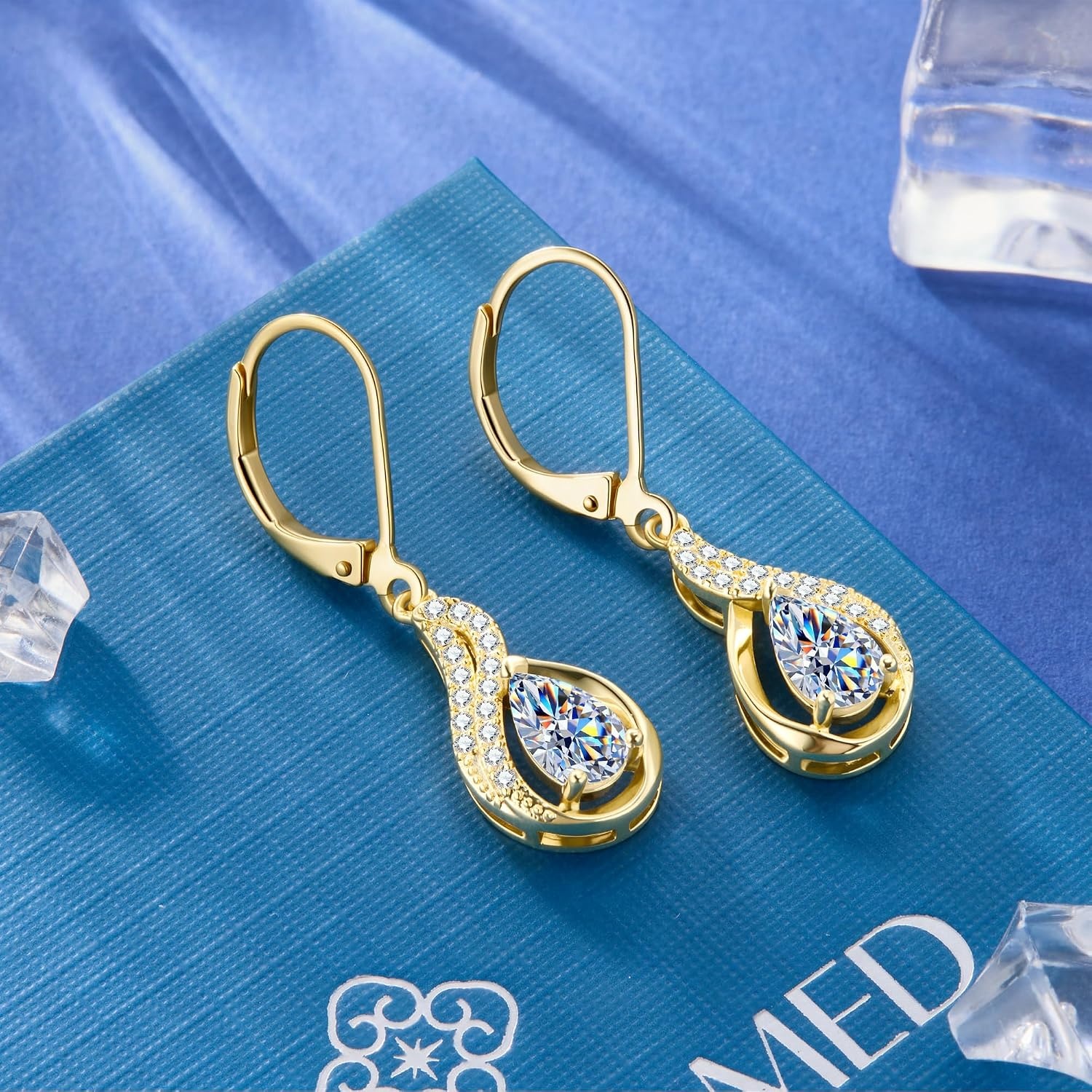 Gold Teardrop 2ct Moissanite Diamond Dangle Earrings for Women Jewelry | vvs moissanite leverback hypoallergenic D color pear cut lab grown created diamond dangly dangling trendy jewelry gifts(Gold 2.0ct(1ct*2))