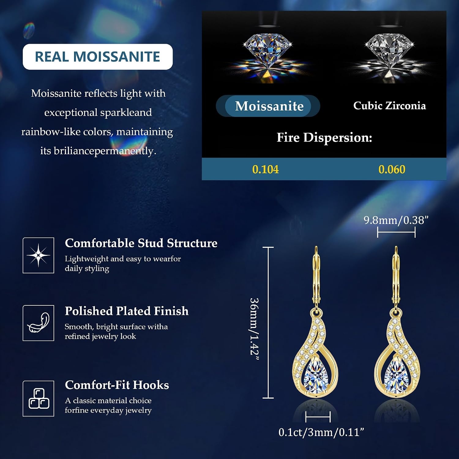 Gold Teardrop 2ct Moissanite Diamond Dangle Earrings for Women Jewelry | vvs moissanite leverback hypoallergenic D color pear cut lab grown created diamond dangly dangling trendy jewelry gifts(Gold 2.0ct(1ct*2))