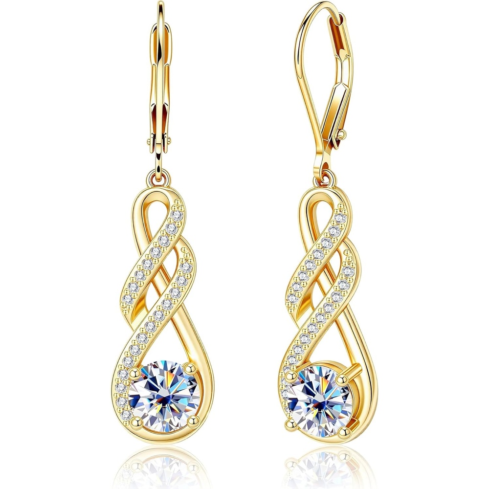 Moissanite Dangle Earrings, Silver Infinity Drop Earrings for Women, 14K Gold Plated Hypoallergenic Leverback Earring, 2ct D Color VVS1 Round Cut Lab Created Diamond Dangling Jewelry Gifts(2.0ct 1 pair (1.0ct*2)-6.5mm-gold plated)