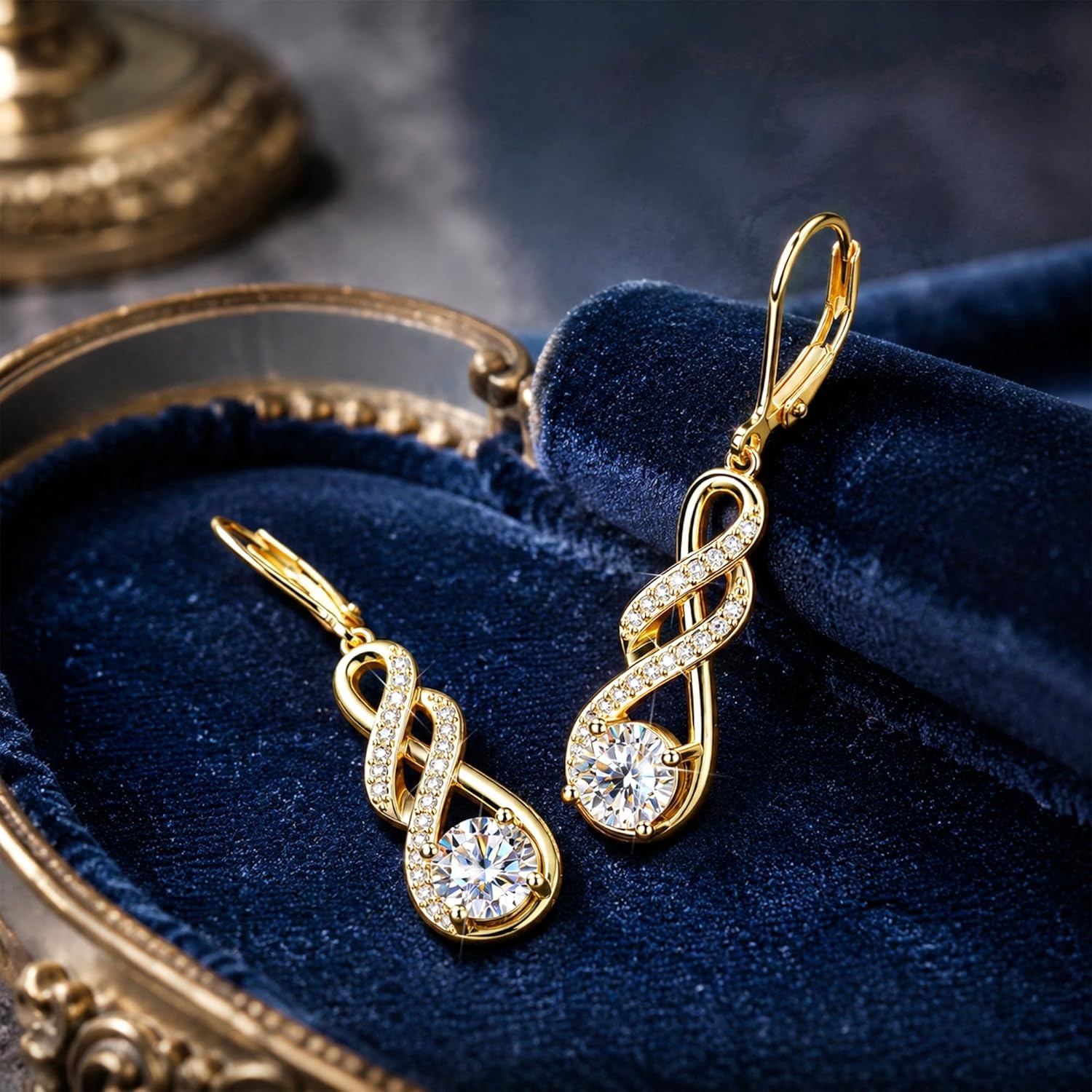 Moissanite Dangle Earrings, Silver Infinity Drop Earrings for Women, 14K Gold Plated Hypoallergenic Leverback Earring, 2ct D Color VVS1 Round Cut Lab Created Diamond Dangling Jewelry Gifts(2.0ct 1 pair (1.0ct*2)-6.5mm-gold plated)