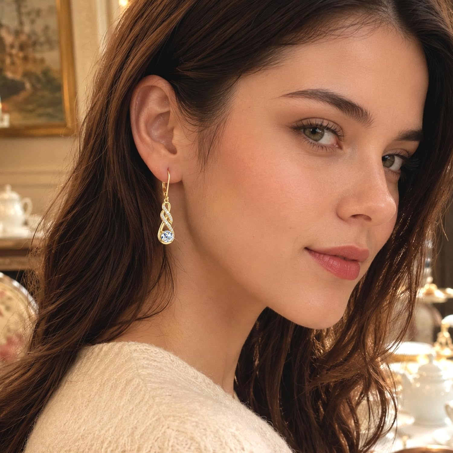 Moissanite Dangle Earrings, Silver Infinity Drop Earrings for Women, 14K Gold Plated Hypoallergenic Leverback Earring, 2ct D Color VVS1 Round Cut Lab Created Diamond Dangling Jewelry Gifts(2.0ct 1 pair (1.0ct*2)-6.5mm-gold plated)