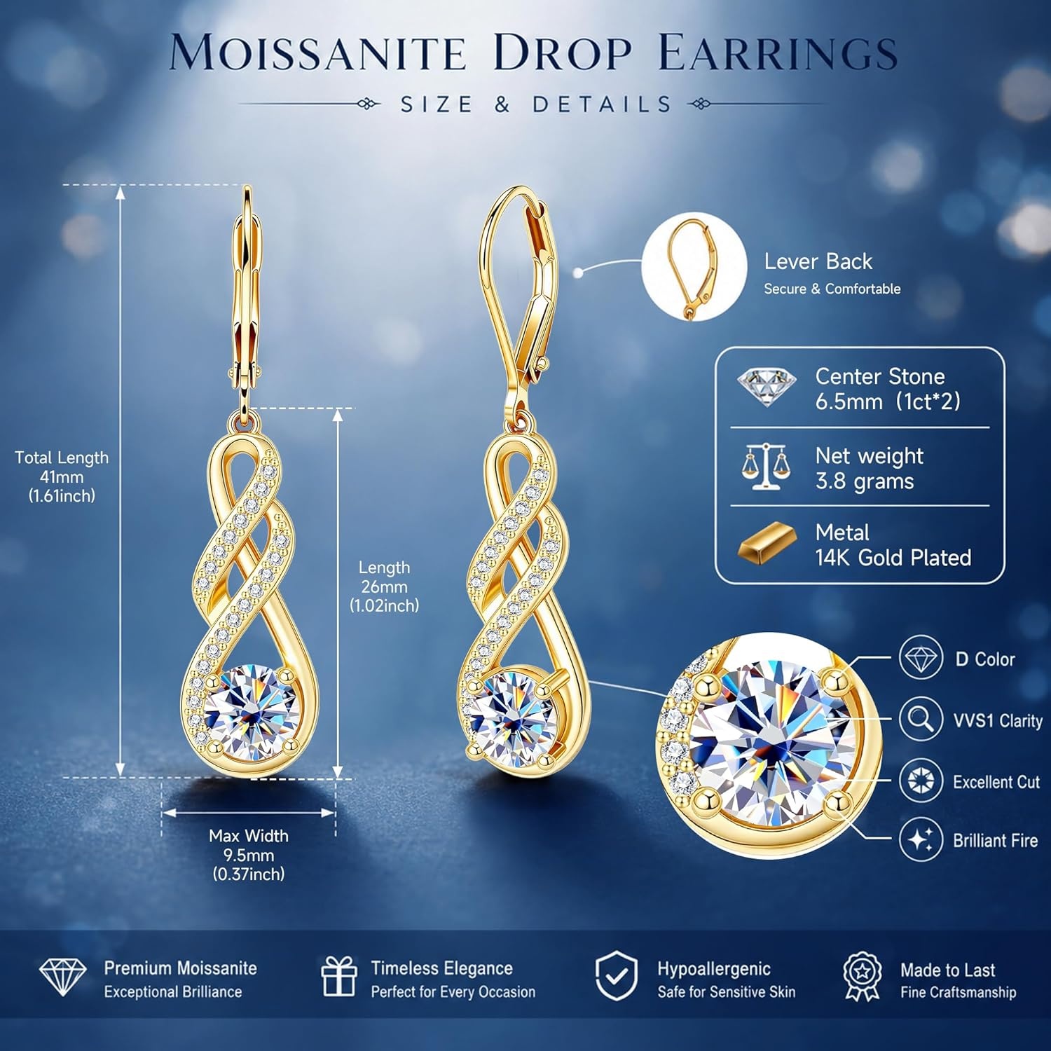 Moissanite Dangle Earrings, Silver Infinity Drop Earrings for Women, 14K Gold Plated Hypoallergenic Leverback Earring, 2ct D Color VVS1 Round Cut Lab Created Diamond Dangling Jewelry Gifts(2.0ct 1 pair (1.0ct*2)-6.5mm-gold plated)