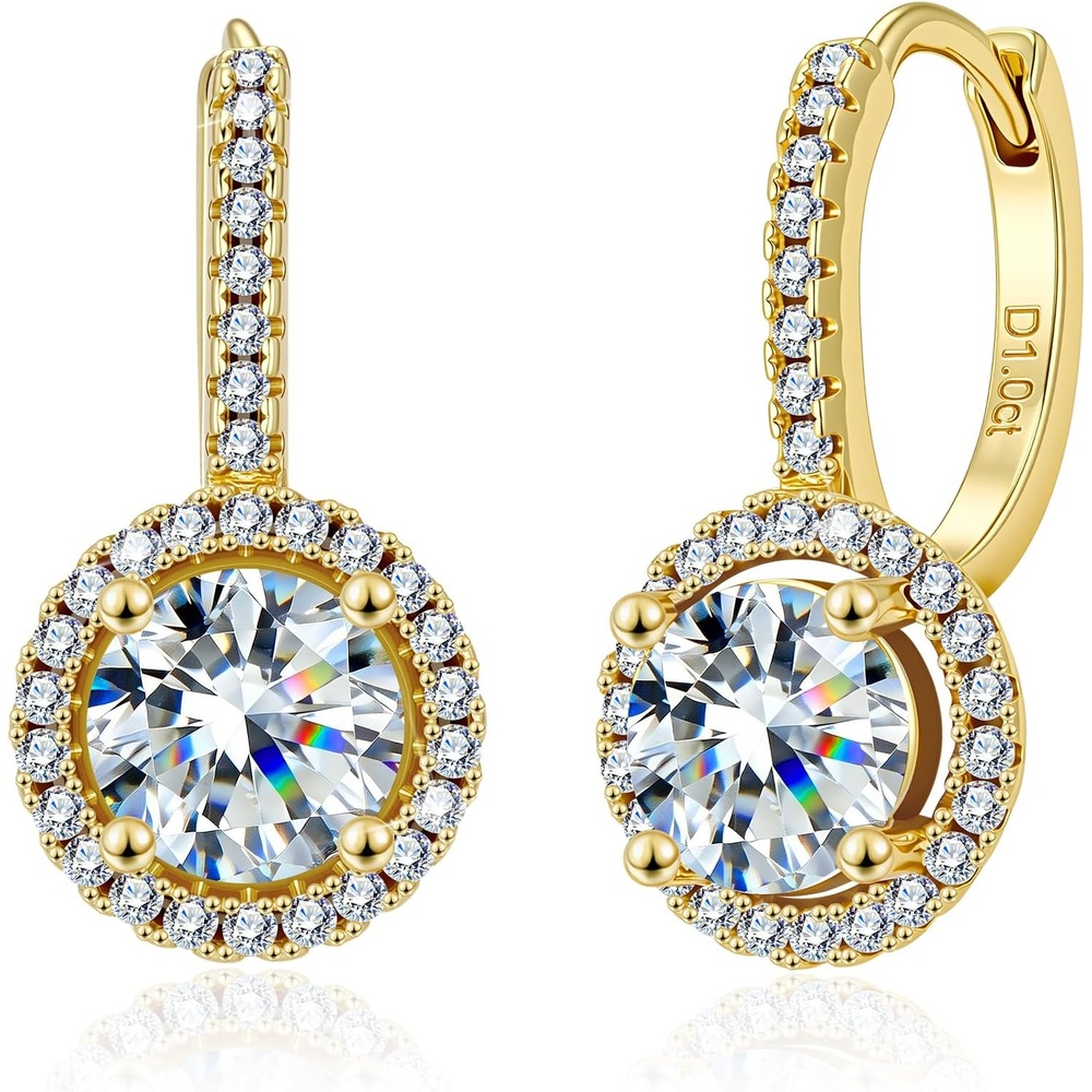 Moissanite Dangle Earrings, Hypoallergenic 925 Sterling Silver Dangle Earrings 2.0ct (1.0ct*2) Round Cut Lab Created D Color Moissanite Gold Hoop Drop Earring for Women Lady(B-Gold_2.0CT(1ct*2))