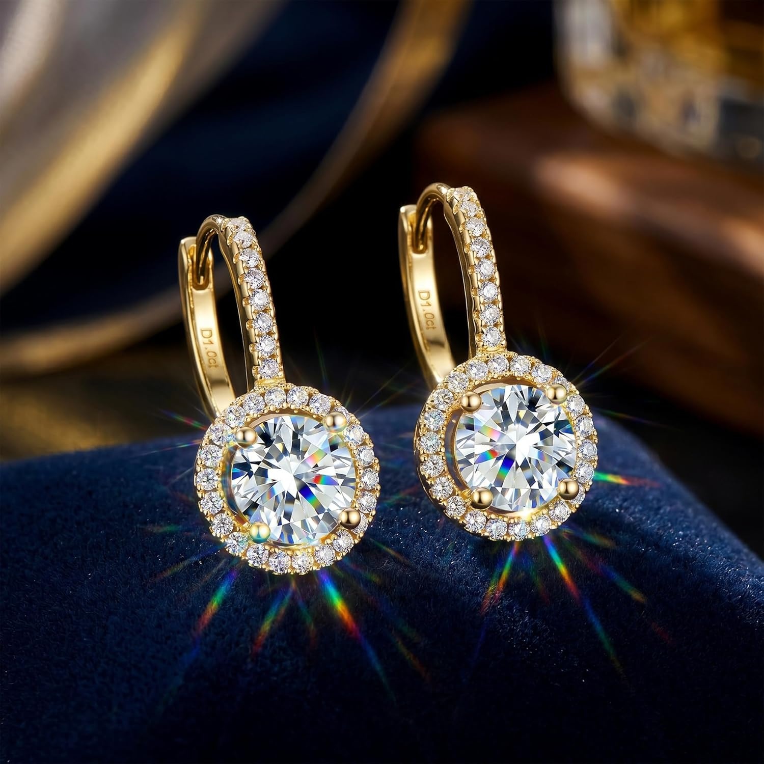 Moissanite Dangle Earrings, Hypoallergenic 925 Sterling Silver Dangle Earrings 2.0ct (1.0ct*2) Round Cut Lab Created D Color Moissanite Gold Hoop Drop Earring for Women Lady(B-Gold_2.0CT(1ct*2))