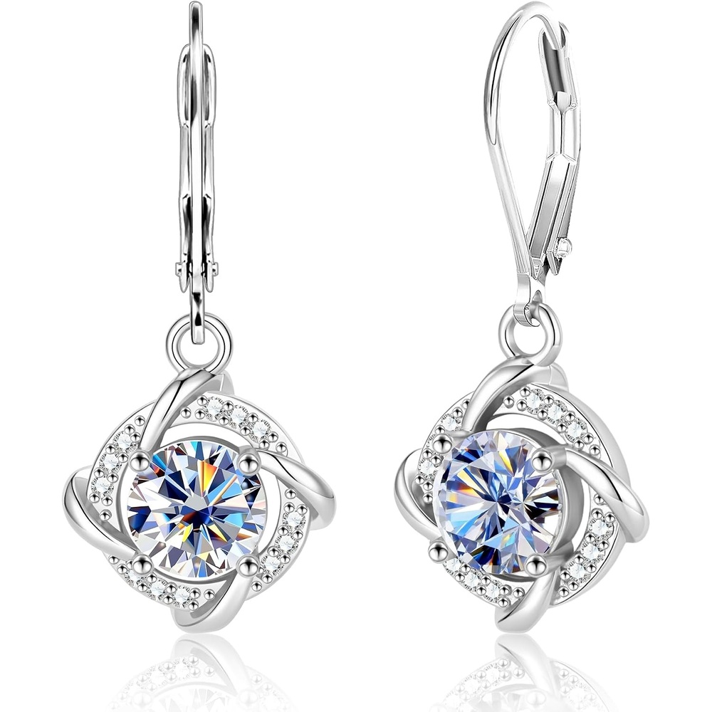 Moissanite Drop Earrings for Women Moissanite Dangle Earrings, 2ct | VVS1 Moissanite Leverback Hypoallergenic D Color Round Cut Lab Grown Created Diamond Dangly Dangling Trendy Jewelry Gifts(Silver 2.0ct(1ct*2))