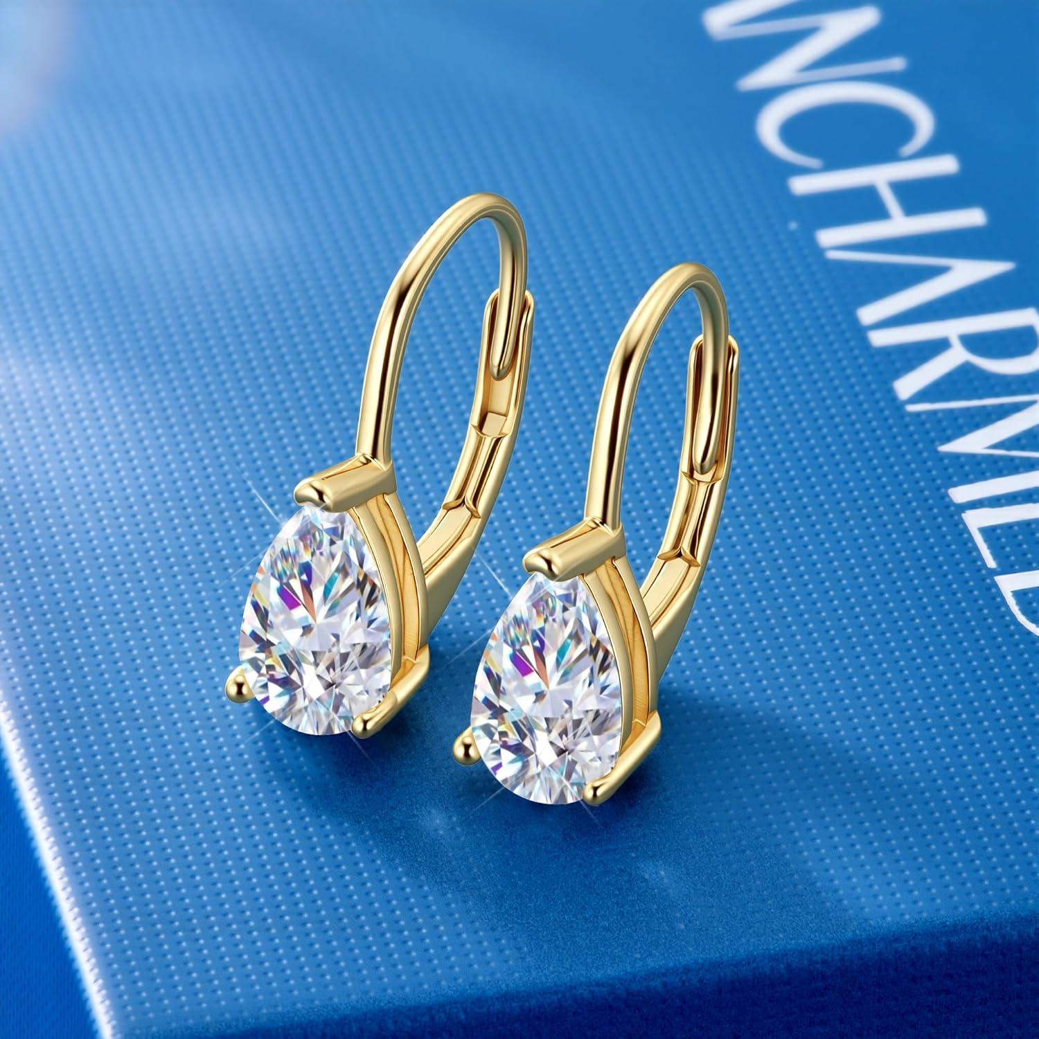 Teardrop Moissanite Earrings for Women, 14K Gold 925 Sterling Silver Hoop Earringsgs 2.0ct (1.0ct*2) D Color Round Cut Lab Created Moissanite Heart Diamond Hoops Earring for Women Jewelry Gifts in Box(Gold 1 carat * 2)