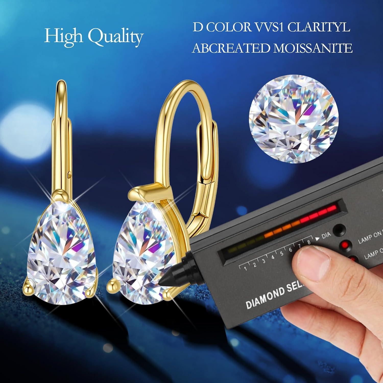 Teardrop Moissanite Earrings for Women, 14K Gold 925 Sterling Silver Hoop Earringsgs 2.0ct (1.0ct*2) D Color Round Cut Lab Created Moissanite Heart Diamond Hoops Earring for Women Jewelry Gifts in Box(Gold 1 carat * 2)