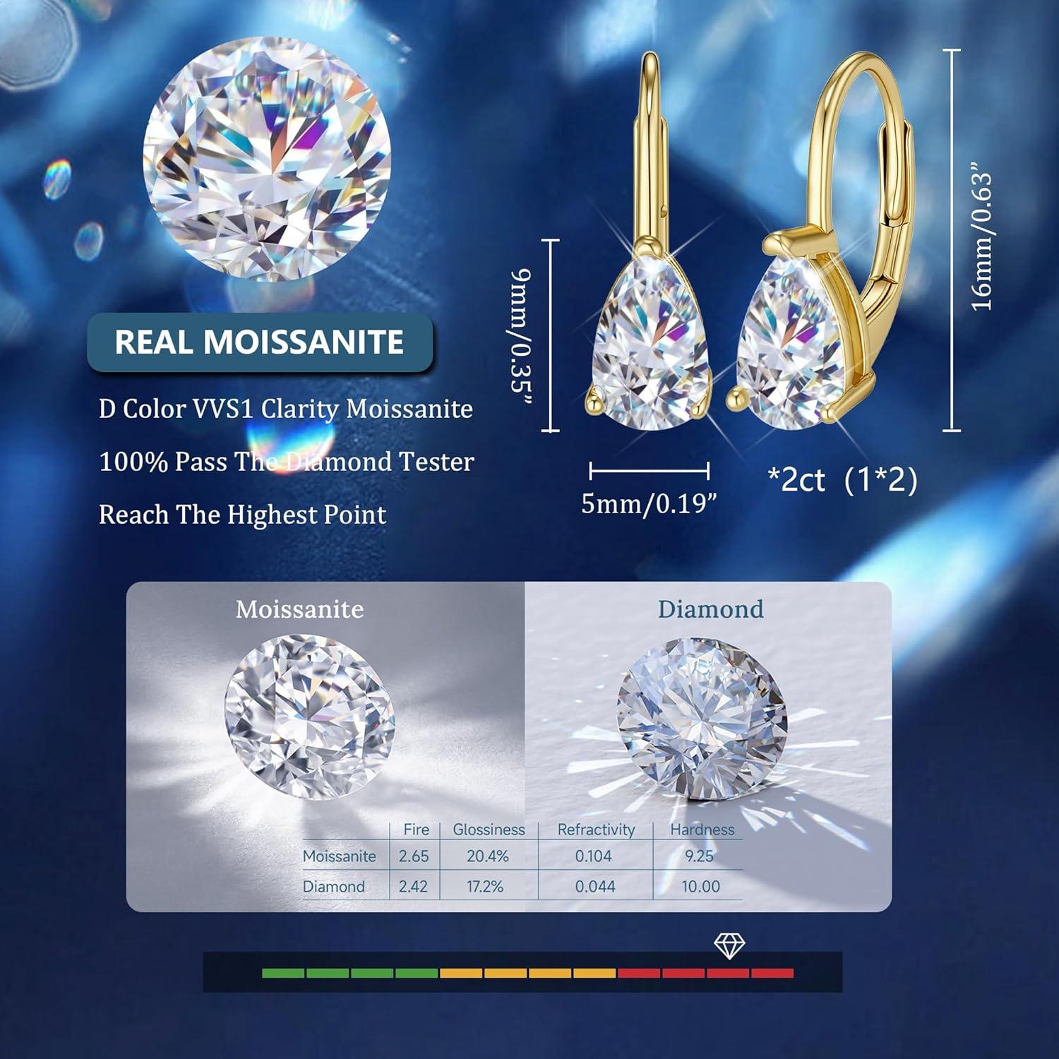 Teardrop Moissanite Earrings for Women, 14K Gold 925 Sterling Silver Hoop Earringsgs 2.0ct (1.0ct*2) D Color Round Cut Lab Created Moissanite Heart Diamond Hoops Earring for Women Jewelry Gifts in Box(Gold 1 carat * 2)