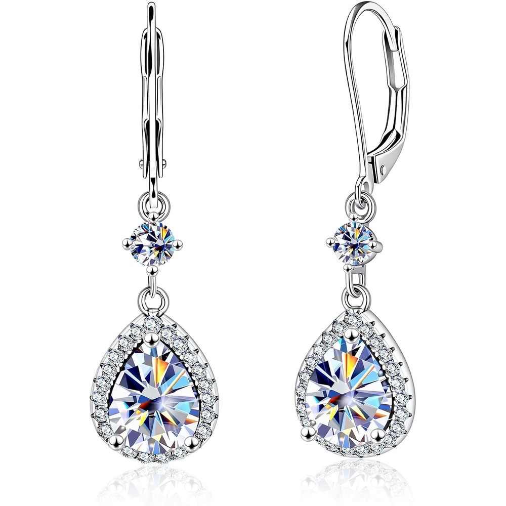2.7ct Moissanite Earrings for Women, Silver Teardrop Dangle Earrings, Gold Leverback Hypoallergenic D Color Brilliant Lab Created Moissanite Drop Earring for Women Trendy Jewelry Gifts(Silver 2.7ct((1.25+0.1ct)*2))