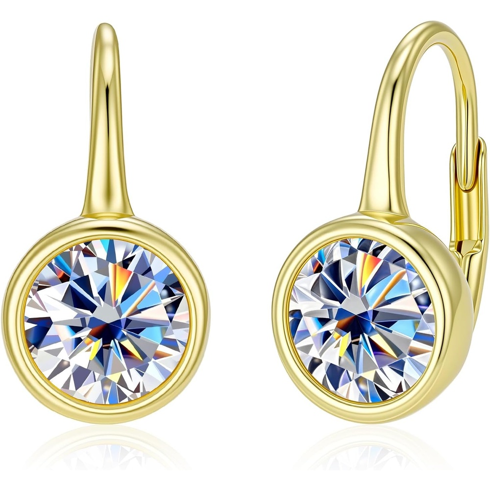 Moissanite Hoop Earrings for Women, 2ct D Color VVS1 Round Cut Bezel Drop Earrings, 14K Gold & White Gold Plated Hypoallergenic Leverback, Lab Created Diamond Jewelry Gifts(2.0ct 1 pair (1.0ct*2)-6.5mm-gold plated)
