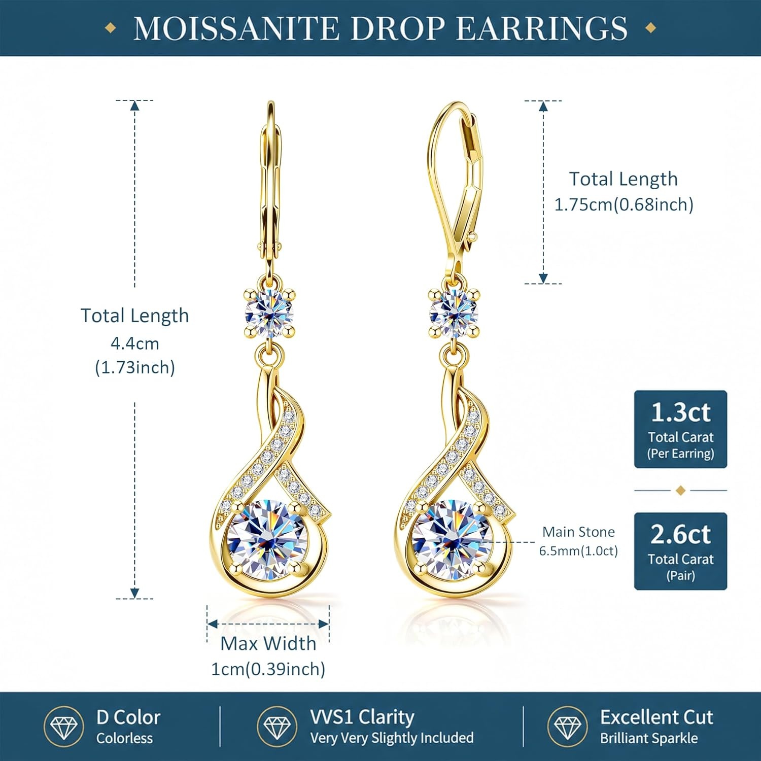 Moissanite Dangle Earrings for Women Silver Moissanite Dangle Earrings 2.6ct D Color Cut Lab Created Leverback Silver Drop Earring for Women Jewelry Gifts(Gold)