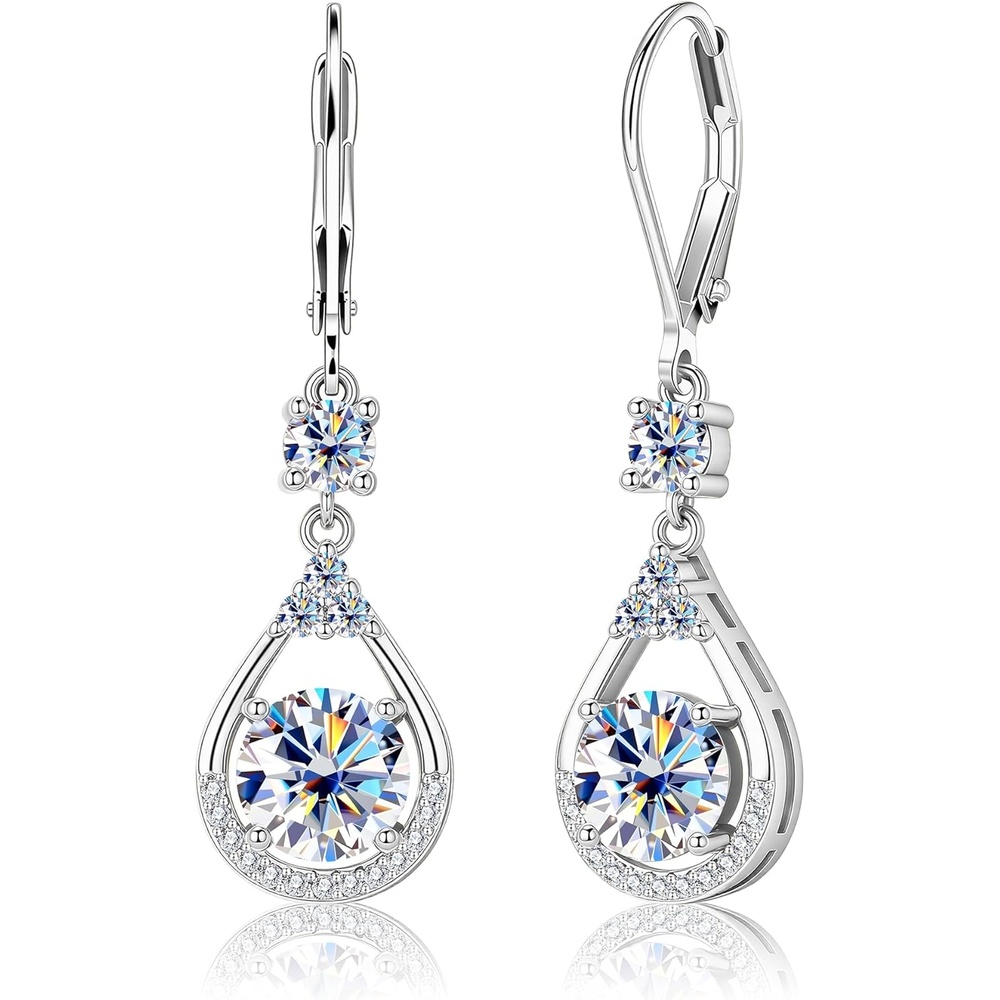 Moissanite Earrings for Women,Silver Moissanite Diamond Dangle Earrings 3ct D Color Cut Lab Created Hypoallergenic Trendy Gold Leverback Dangle Drop Earring for Women Jewelry Gifts in Box(A1-Silver_3.0CT(1.5ct*2))