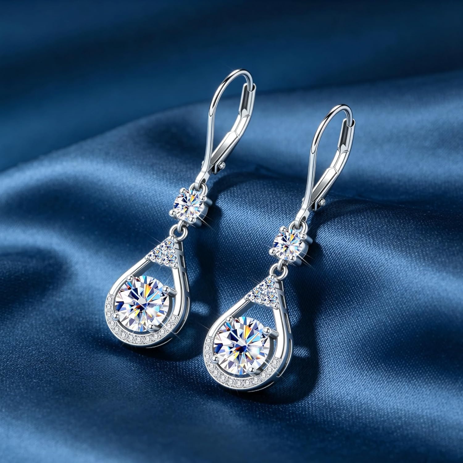 Moissanite Earrings for Women,Silver Moissanite Diamond Dangle Earrings 3ct D Color Cut Lab Created Hypoallergenic Trendy Gold Leverback Dangle Drop Earring for Women Jewelry Gifts in Box(A1-Silver_3.0CT(1.5ct*2))