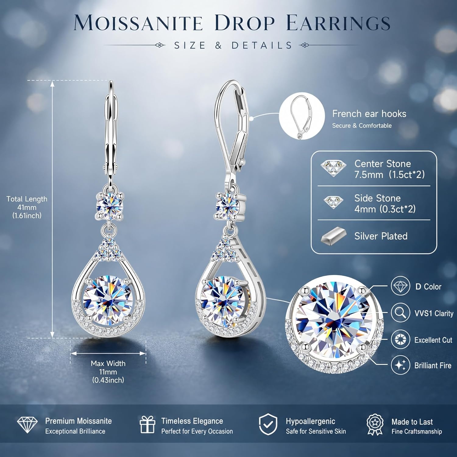 Moissanite Earrings for Women,Silver Moissanite Diamond Dangle Earrings 3ct D Color Cut Lab Created Hypoallergenic Trendy Gold Leverback Dangle Drop Earring for Women Jewelry Gifts in Box(A1-Silver_3.0CT(1.5ct*2))