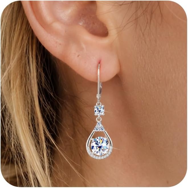 Moissanite Earrings for Women,Silver Moissanite Diamond Dangle Earrings 3ct D Color Cut Lab Created Hypoallergenic Trendy Gold Leverback Dangle Drop Earring for Women Jewelry Gifts in Box(A1-Silver_3.0CT(1.5ct*2))