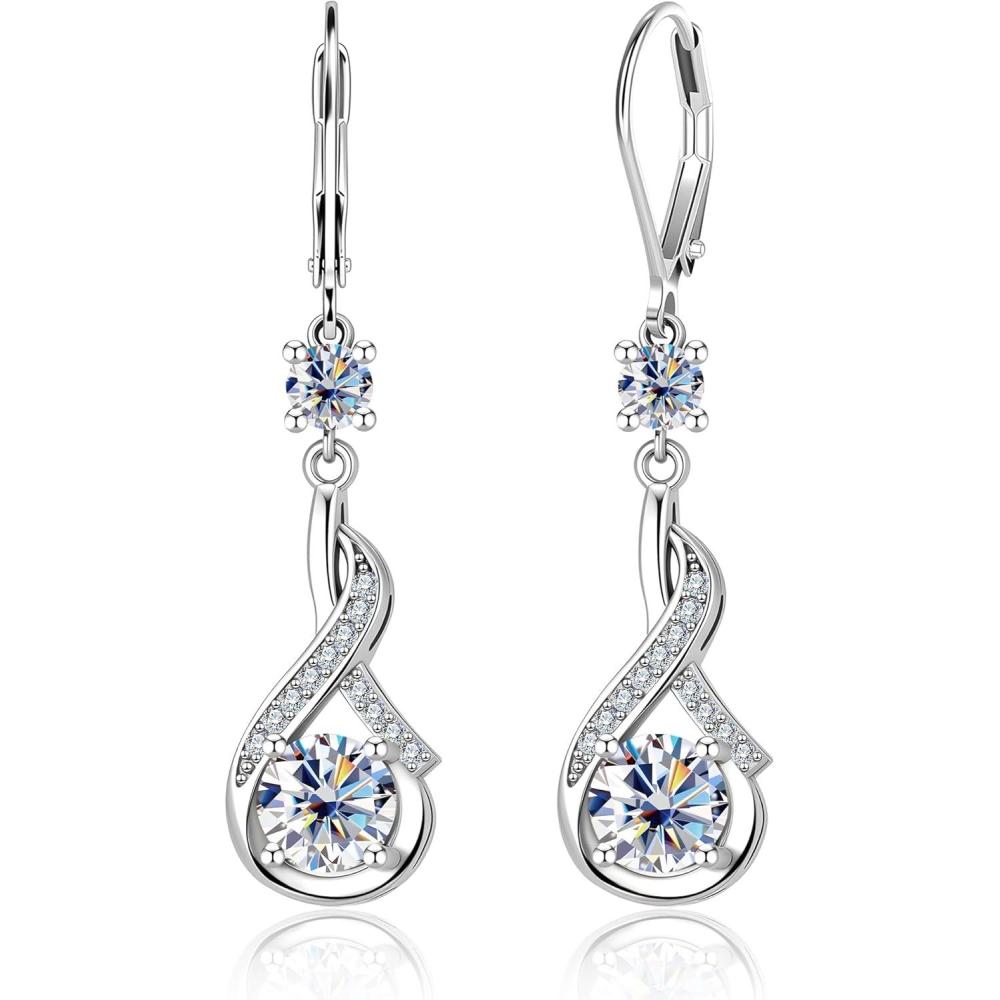 Moissanite Dangle Earrings for Women Sterling Silver Moissanite Dangle Earrings 2.6ct D Color Cut Lab Created Leverback Sterling Silver Drop Earring for Women Jewelry Gifts(Silver)