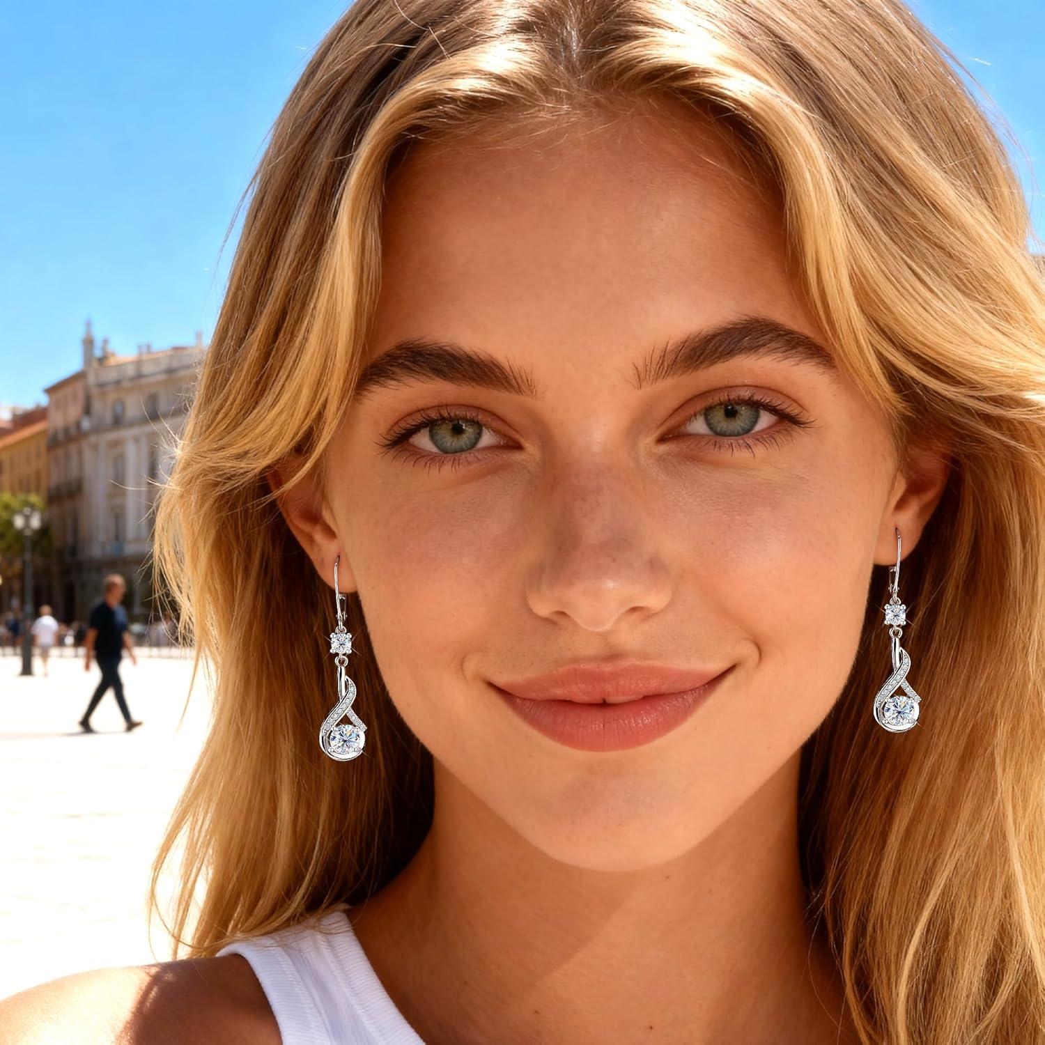 Moissanite Dangle Earrings for Women Sterling Silver Moissanite Dangle Earrings 2.6ct D Color Cut Lab Created Leverback Sterling Silver Drop Earring for Women Jewelry Gifts(Silver)